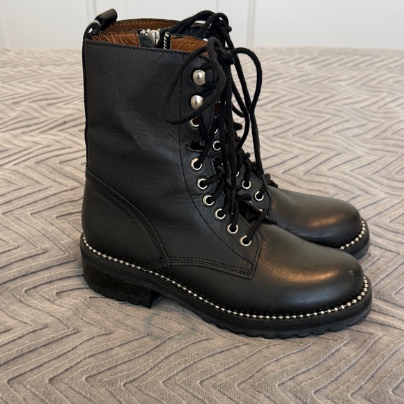 Aqua Black Leather Lace-Up Combat Boots